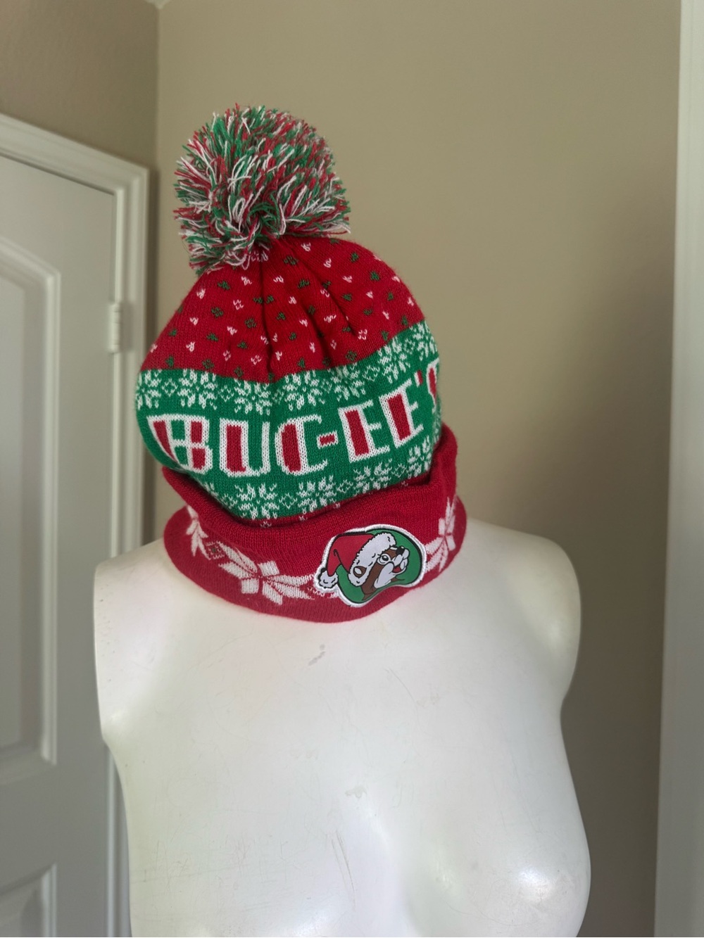 Red & Green Holiday Bucees Pom Pom Beanie